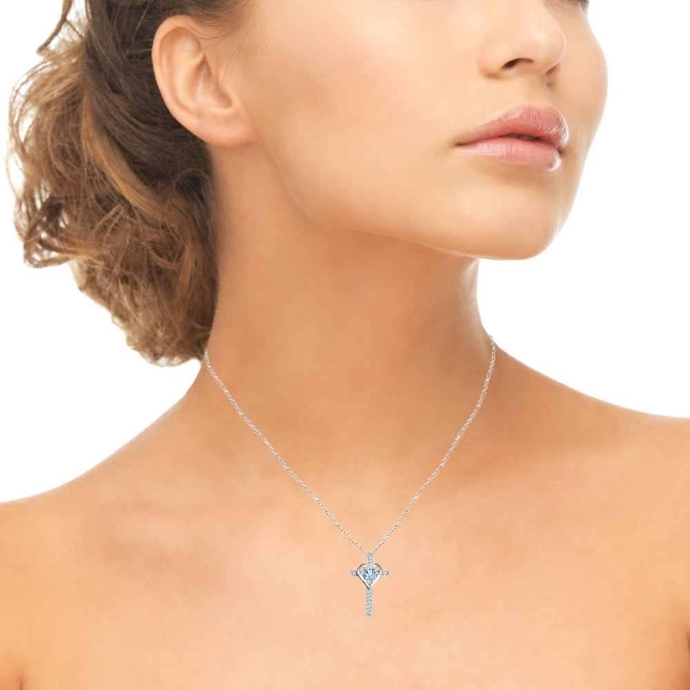 Sterling Silver Blue Topaz and White Topaz Heart Cross Birthstone Pendant Necklace
