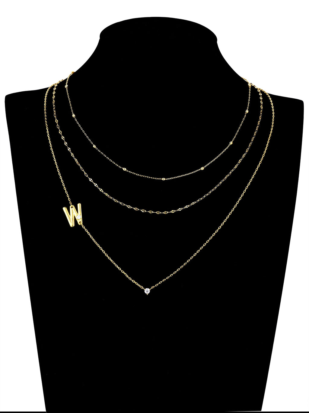 Believe by Brilliance W Triple Chain Initial Necklace Set in 14KT Gold Flash Plated Brass