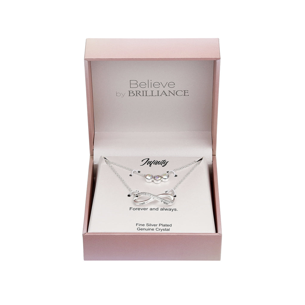 Believe by Brilliance Women's Fine Silver Plated Cubic Zirconia Infinity and Arora Boralis Triple Crystal Necklace Set, 16+2" & 18+2" Extender