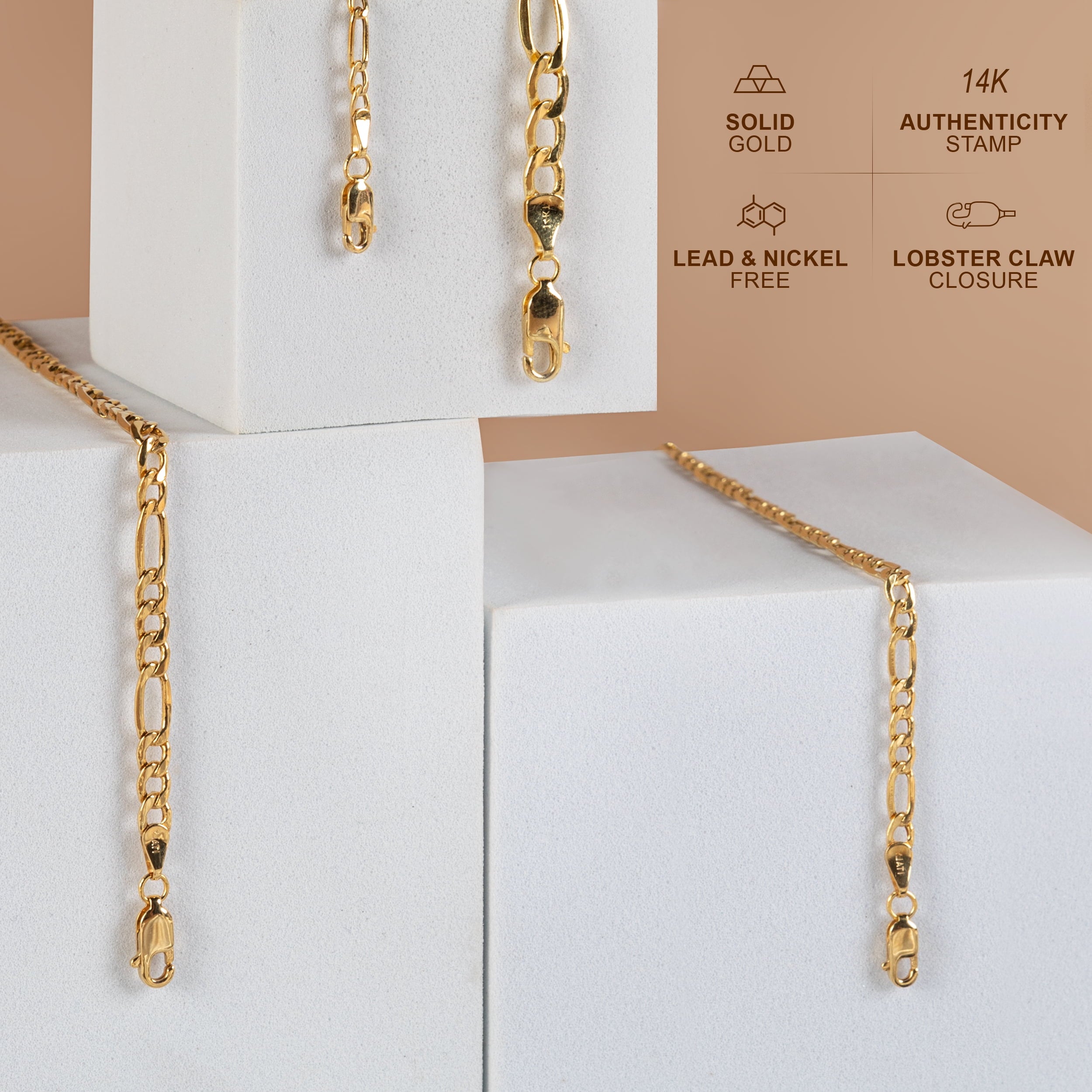 Pori Jewelers 14K Solid Gold 2.5MM Figaro Chain Necklace